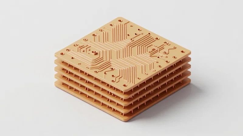 Micro-Via Engineering and Aspect Ratio Constraints 3D visualization of laser-drilled micro-via structures in a multilayer PCB.