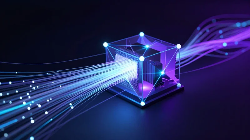 Abstract conceptual visualization of high-tech spatial computing hardware with glowing data streams.