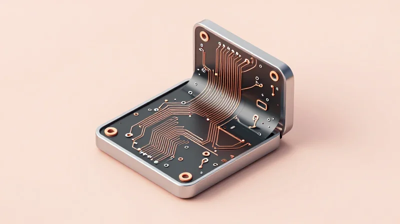 A close-up 3D render of a flexible circuit board bending around internal hardware components.