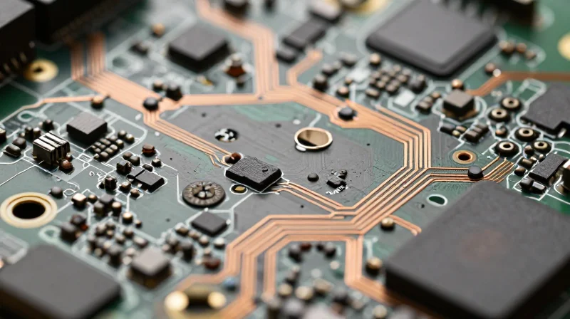 A macro shot of a highly complex, dense circuit board substrate with intricate metallic pathways.