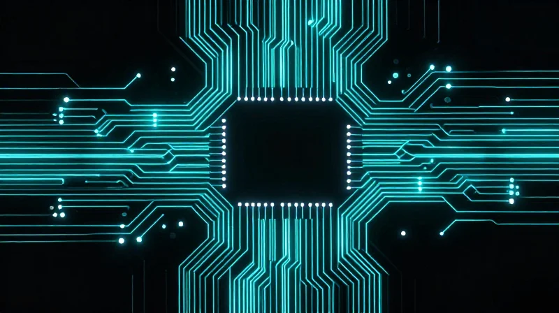 Digital representation of synchronized data paths on a circuit board surface.