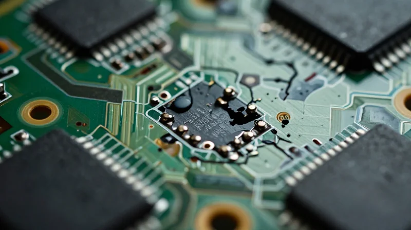 The Hidden Costs of Standard PCB Failure Close-up of a damaged circuit board showing microscopic cracks due to high-frequency mechanical stress