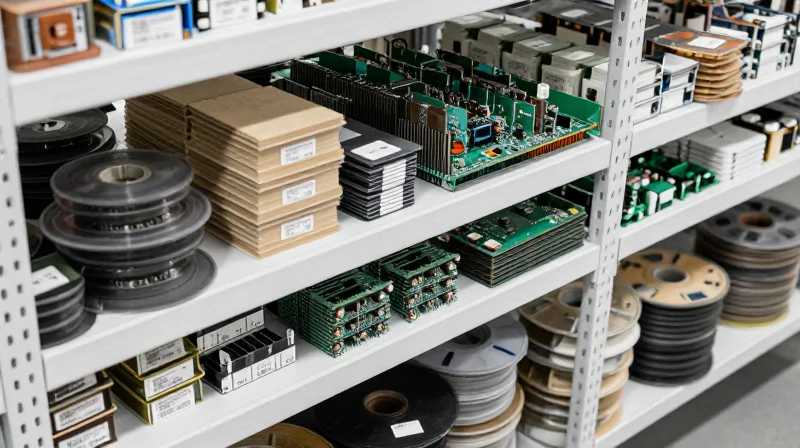 Organized warehouse shelves with electronic components and inventory