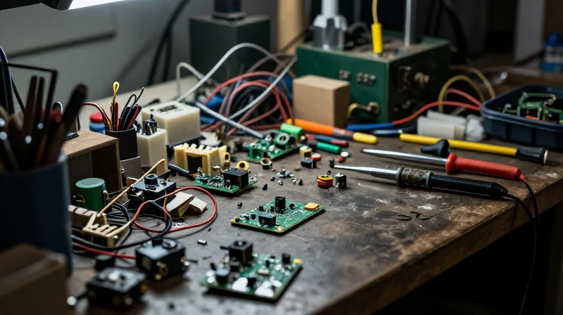 The High Cost of Prototyping In-House A cluttered workshop table with disorganized electronic components and messy cables, illustrating the chaos of inefficient internal prototyping.