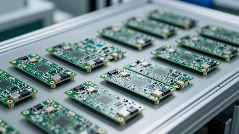 The Strategic Advantages of Small-Batch PCBA A clean, modern professional circuit board assembly line showing precision and organization.
