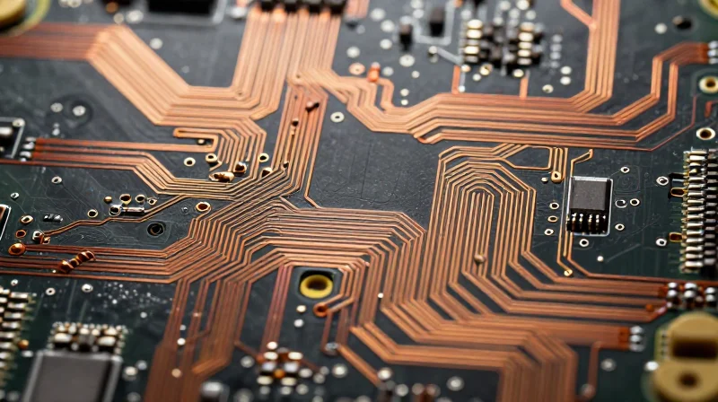 Advanced Trace Routing for High-Frequency Signals Close-up of precise copper trace routing on a dark substrate with via stitching