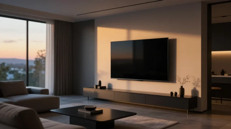 The Evolution of Connected Lighting Infrastructure A modern smart home living room with adaptive lighting transitions from warm to cool tones.