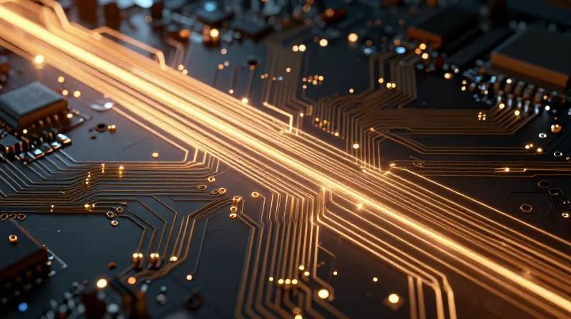 Signal Integrity and High-Speed Data Transmission Abstract visualization of high-speed data flow through microscopic circuitry