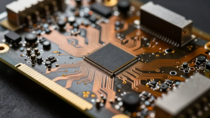 Anatomy of a High-Performance Mainboard Close-up macro shot of a complex industrial PCBA board showing intricate circuits and high-quality electronic components.