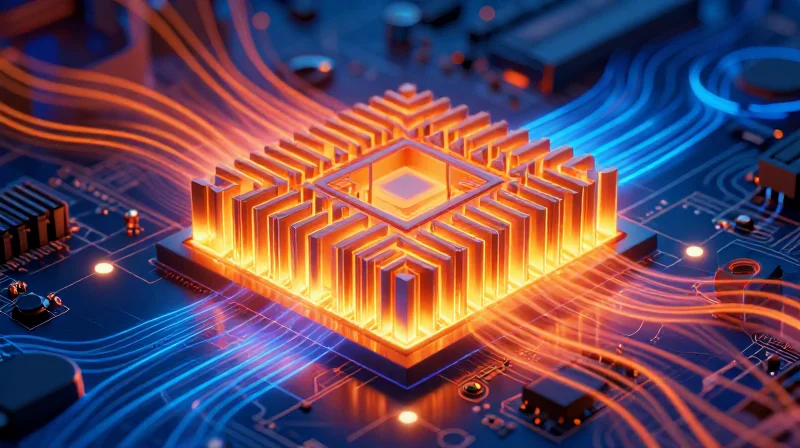 Thermal Management and Longevity: The Silent Reliability Boost Abstract visualization of thermal management on a circuit board using glowing heat-sink structures.
