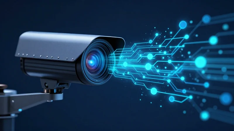 The Architectural Shift in Surveillance Hardware Abstract digital visualization of a camera lens transforming into a digital circuit core