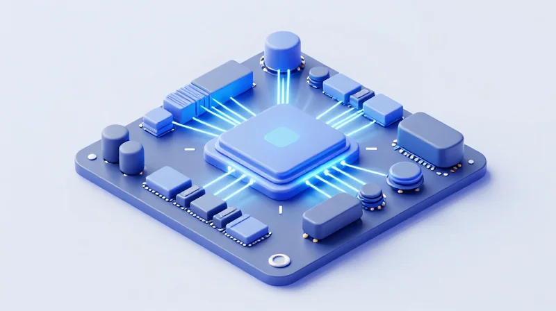 The Rise of AI-Integrated Mainboards Isometric 3D model of a high-tech AI chip embedded on a circuit board with glowing data connections