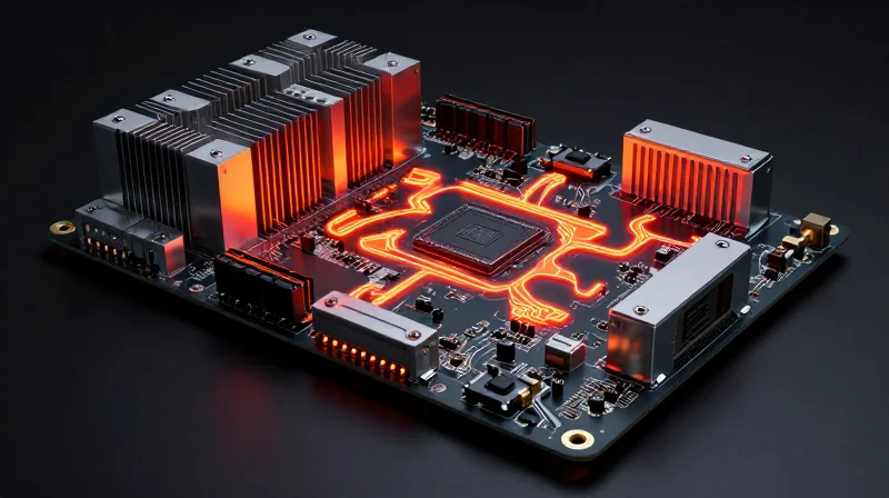Thermal Management and Power Consumption Challenges Thermal imaging concept art showing a camera mainboard with heat dissipation elements
