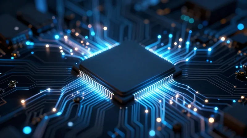 Selecting the Right Bluetooth Chipset A high-tech digital processor chip sitting on a motherboard, surrounded by glowing connectivity nodes.