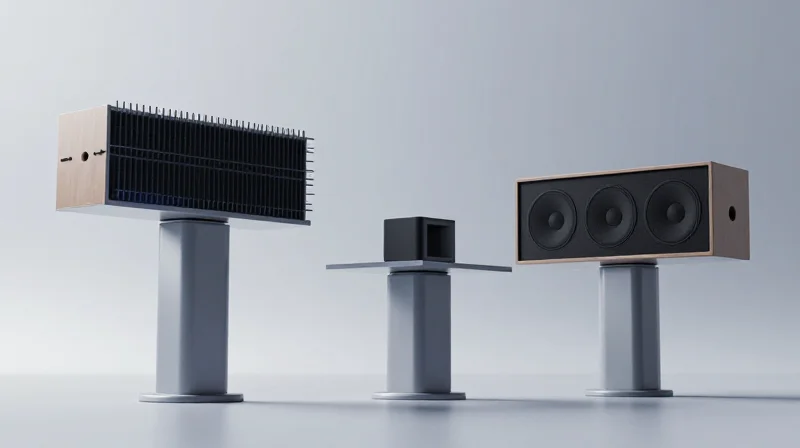 Understanding the Compact Audio Constraint A 3D abstract visualization showing three balance scales representing thermal dissipation, physical size, and audio performance.