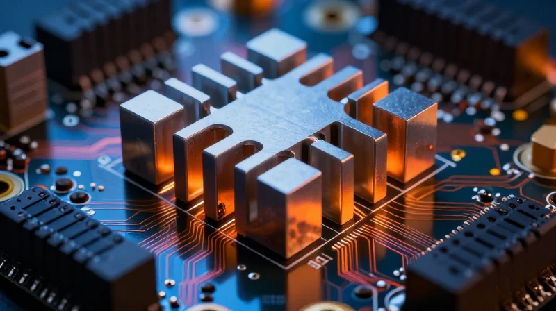 Thermal Management in High-Output Amplification Top-down view of a PCBA showing heat dissipation vias and copper heat spreading zones.