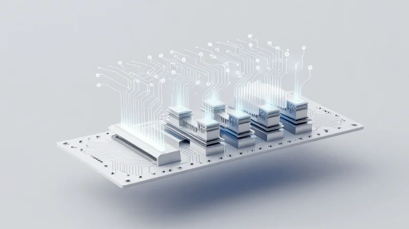 DFM: Bridging Design and Mass Production Abstract representation of transitioning a digital circuit board design into a mechanical manufacturing line.