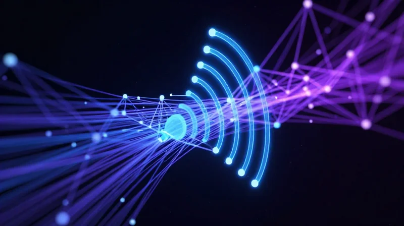 The Power of Bluetooth 5.3 Integration Abstract visualization of wireless data connectivity with glowing nodes and lines representing stable Bluetooth 5.3 signals.