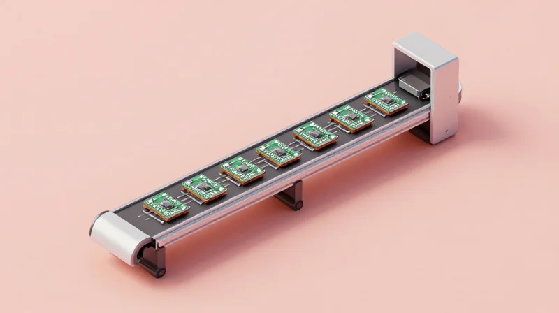 Scalability and Production Efficiency Isometric view of a modern electronics assembly line showing compact chips being placed on circuit boards.