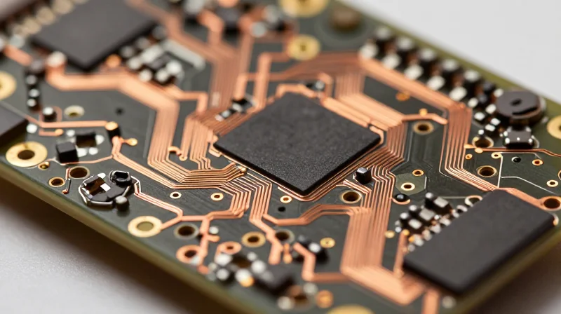Optimizing Signal Integrity and Audio Quality Close-up macro shot of a complex, multi-layer circuit board showing precise copper paths.