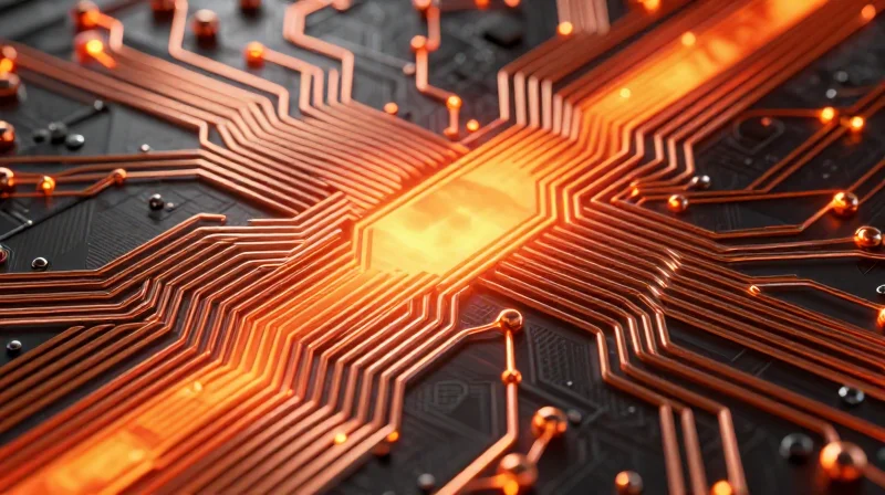 Copper Foil Thickness: Balancing Current and Heat Conceptual 3D rendering of thick copper traces on a circuit board spreading heat