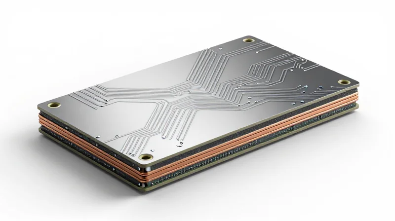Anatomy of an Aluminum-Core PCB Cross-section of an aluminum-core PCB showing multiple layers including metallic base and dielectric material.