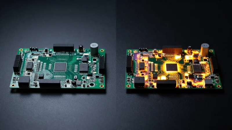 Heat Dissipation Efficiency: A Comparative Metric Side-by-side comparison of two PCB boards under a thermal camera lens representing heat distribution.