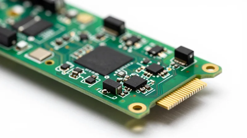 A close-up view of a high-tech smart thermostat PCB mounted on a workspace, featuring complex electronic components and integrated circuitry.