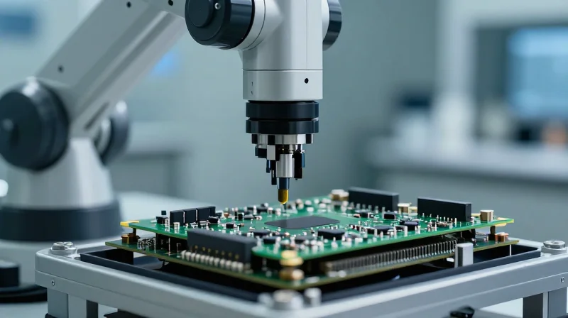 A futuristic representation of precision PCB assembly, showcasing robotic components in a sterile, high-tech manufacturing environment.