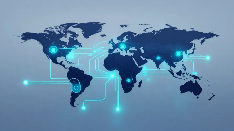 Abstract conceptual art showing interconnected nodes representing a secure and transparent global supply chain.