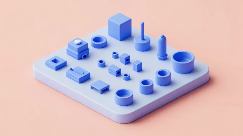 Isometric 3D illustration depicting a streamlined manufacturing workflow with modular design components.