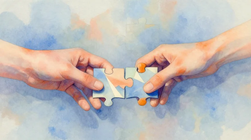 Conceptual art illustrating two hands connecting geometric shapes, symbolizing cultural and technical alignment.