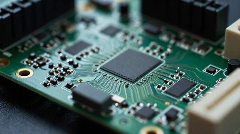 A close-up view of a complex smart thermostat PCB with intricate circuitry