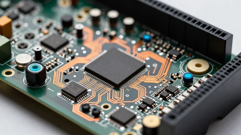 A close-up view of a sophisticated green PCB with advanced microchips, sensors, and connectivity modules for smart home climate control.