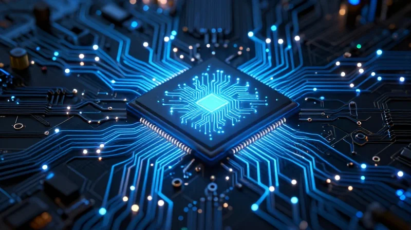 Abstract visualization of a neural processing unit on a circuit board emitting glowing light nodes representing edge intelligence.