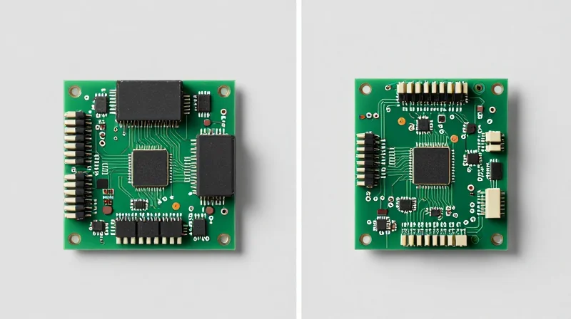 Side-by-side comparison of a bulky, relay-based green PCB and a compact, sleek, modern multilayer PCB on a clean workspace.