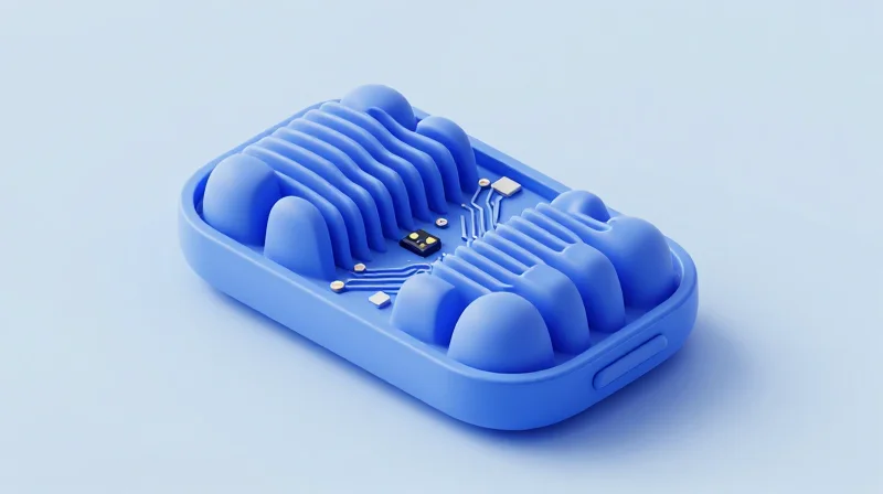Top-down view of a small electronic assembly with specialized heat sinks and thermal cooling components.