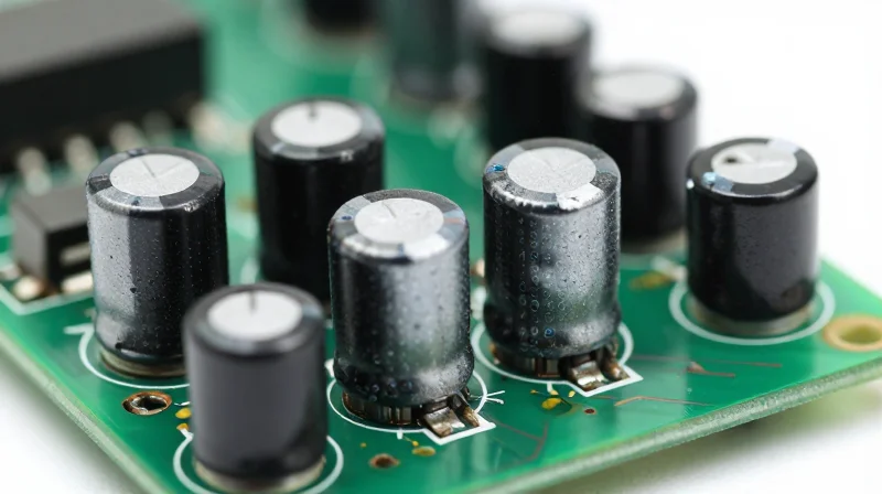 Evaluating Component Quality and Supply Chain Resilience Macro view of high-quality industrial capacitors and microcontrollers on a circuit board.