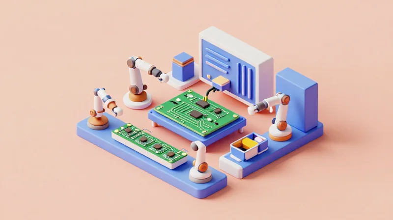 Design for Manufacturing (DFM) Best Practices Isometric view of an automated assembly line producing circuit boards.