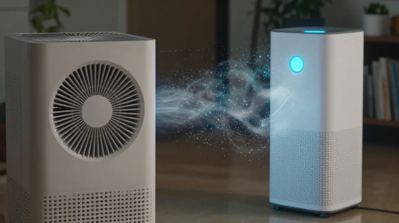 The Evolution of Air Purification Hardware A visual representation of air purification hardware evolving from mechanical parts to high-tech digital systems.