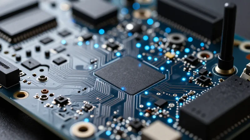 Key Advantages of IoT-Integrated PCBA Solutions A modern IoT-enabled circuit board with glowing connectivity nodes.