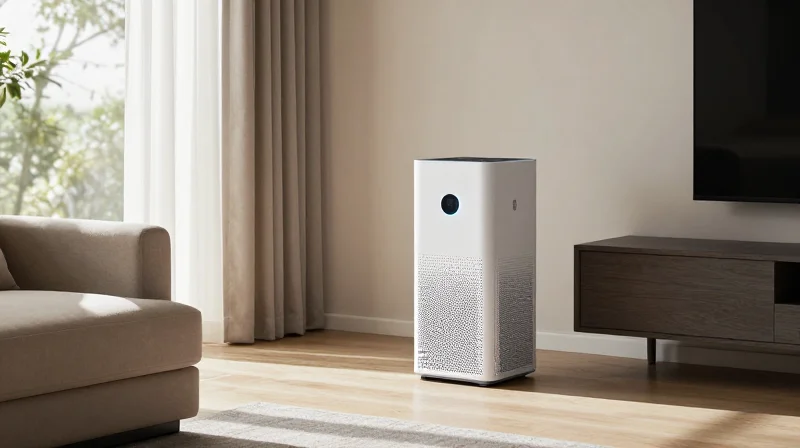 Consumer Market Adoption Trends A serene living room showing an invisible sense of clean air and technology integration.