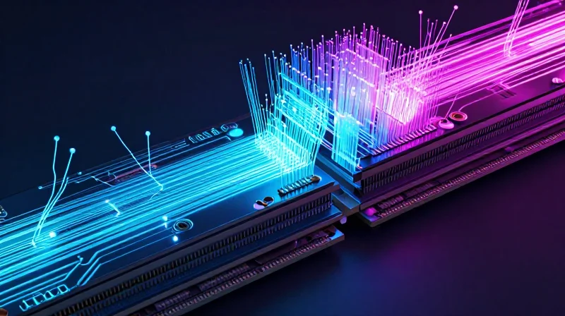 Optimizing PCB Stack-up for Signal Integrity An abstract visualization of layered PCB stack-up with light pulses flowing through signal lanes, emphasizing high-speed data transmission.