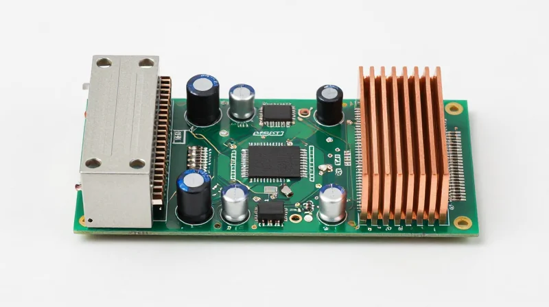 Power Management and Efficiency Strategy A clean, studio-lit shot of a robust power delivery module on a circuit board, emphasizing capacitors and power rails.