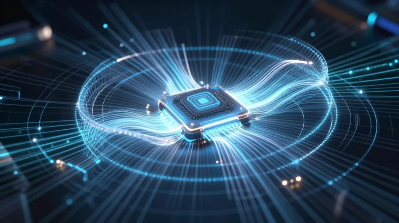 Connectivity and IoT Considerations An abstract visual representing Wi-Fi and Bluetooth connectivity radiating from a central motherboard chip.