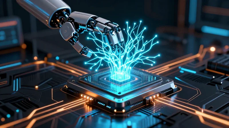 Abstract representation of edge AI, showing a localized robotic brain processing data without cloud connection.
