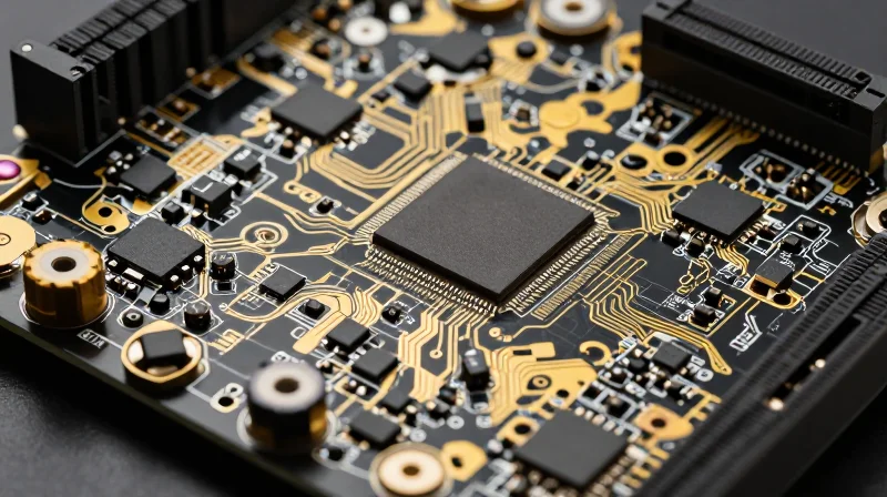 A high-tech, dense printed circuit board for a robot with visible AI chipsets and metallic components.