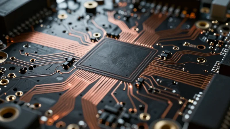 Understanding the Shift to Micro HDI Technology An abstract visualization of a high-density circuit board layer showing laser-drilled microvias and intricate conductive paths.