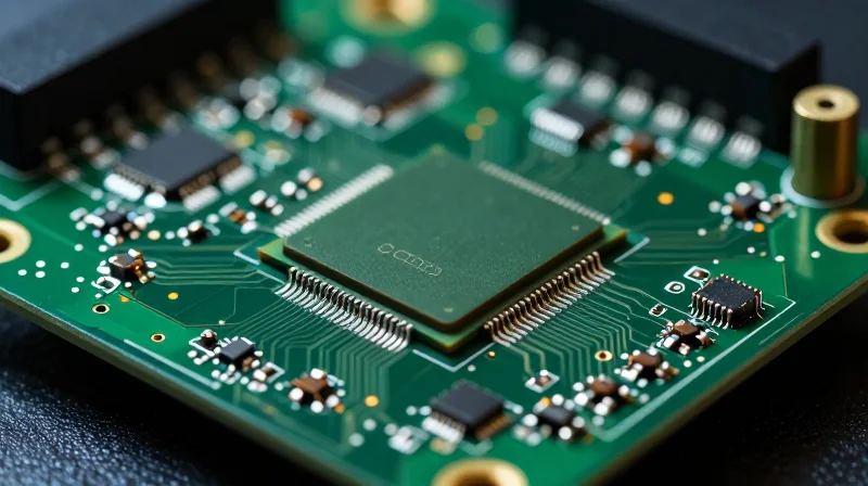 Understanding the Role of PCBA in Smart Home Safety A high-tech close-up of a sophisticated green printed circuit board assembly featuring complex microchips and power components.
