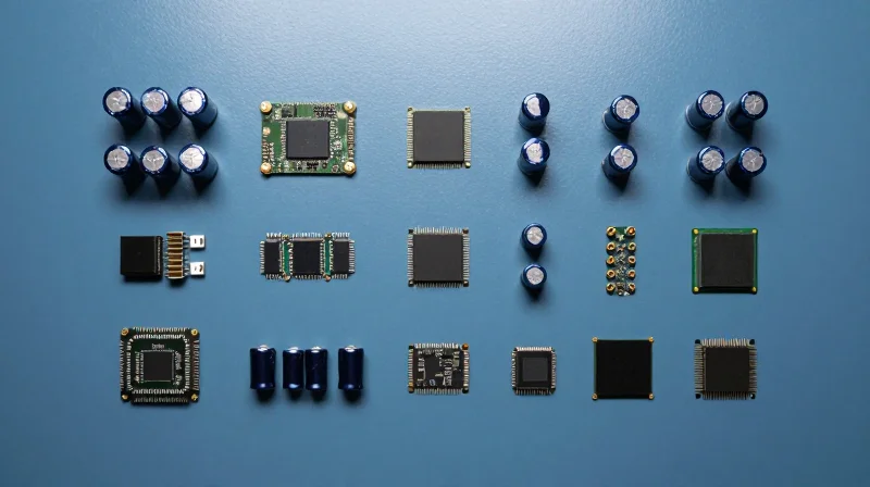 Evaluating Supply Chain Transparency and Component Sourcing Top-down view of organized electronic components arranged precisely on a professional workbench.